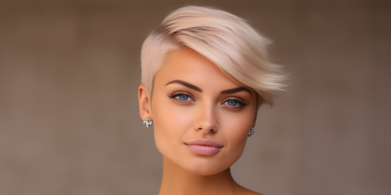 femme yeux bleus cheveux courts perruque pixie blonde